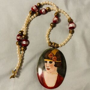 Vintage Inspired Hand Painted Portrait Pendant Necklace